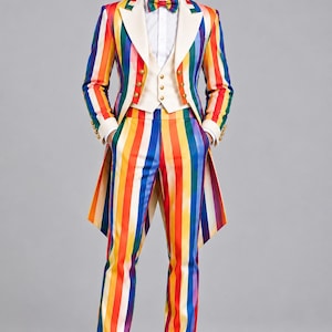 Può includere: Un abito a coda con strisce verticali arcobaleno nei colori rosso, arancione, giallo, verde, blu e viola. L'insieme include una camicia bianca, un gilet color crema con bottoni dorati, un papillon a righe arcobaleno e scarpe bianche.