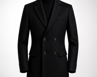 Formal Black Double Breasted Wool Peacoat | Tailored Winter Coat | Smart Business Outerwear