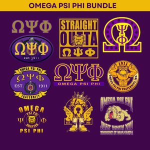 May include: A collection of Omega Psi Phi fraternity graphics in purple and gold. Designs include the fraternity's Greek letters, bulldog mascots, and the phrase "Straight Outta". The text "Omega Psi Phi Bundle" is at the top.