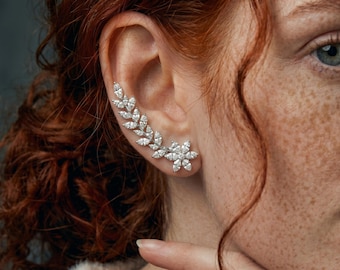 Blumen Ohrringe, Ohr Kletterer, Silber Ohrringe, Gold, Minimalist Schmuck, Geschenke für Mädchen und Frauen, Jahrestag, Bester Freund, Geburtstagsgeschenk