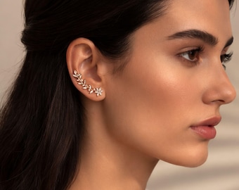 Pendientes trepadores de plata y oro con circonitas cúbicas, joyería minimalista, ideales para mujer, regalos para chicas, aniversario, mejor amiga o cumpleaños.