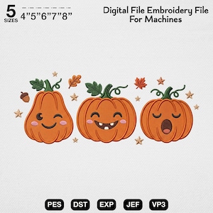 Könnte beinhalten: Eine digitale Stickdatei für Maschinen mit drei orangefarbenen Kürbissen mit grünen Stielen und Blättern, die jeweils einen anderen Gesichtsausdruck zeigen. Das Design enthält kleine Sterne, eine Eichel und Blätter sowie den Text 5 SIZES 4" 5" 6" 7" 8" und Digital File Embroidery File For Machines sowie die Formate PES, DST, EXP, JEF, VP3.