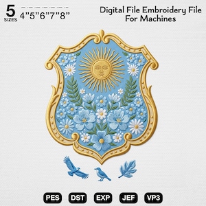 Baroque Sun Crest Embroidery, Celestial Sun Digital File, Floral Shield Embroidery Design, Vintage Washed Sweatshirt Pattern, PES DST