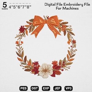 Fall Embroidery Design, Coquette Bow Monogram, Autumn Wreath Digital File, Floral Wreath Machine Embroidery, Pumpkin Orange Bow