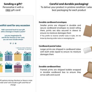 May include: The image showcases gift packaging options. It includes a card with text, "Beautiful card for any occasion," and illustrations of wrapped gifts. The text also mentions a free gift card and durable packaging options like envelopes, tubes, and boxes.