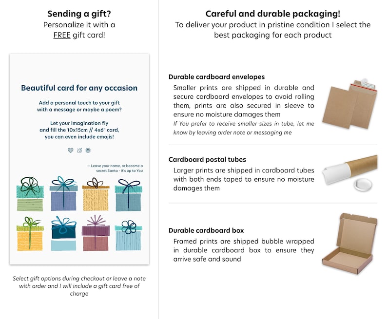 May include: The image showcases gift packaging options. It includes a card with text, "Beautiful card for any occasion," and illustrations of wrapped gifts. The text also mentions a free gift card and durable packaging options like envelopes, tubes, and boxes.