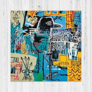 May include: Abstract art print with a black bird-like figure and a long beak set against a blue and yellow backdrop. The artwork incorporates scribbled lines, arrows, and the text "PARA MORIR" in white, in a graffiti-inspired style.