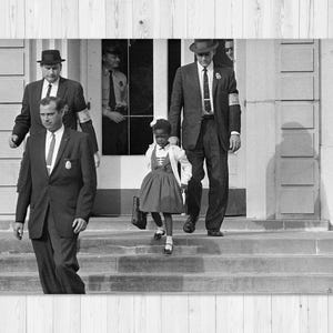 May include: A monochrome photograph showing a young girl in a dress and coat, accompanied by men in suits and hats, walking down steps. The image depicts a historical event, with the girl carrying a small bag.