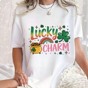 Lucky Charm St Patricks Day Shirt, Retro Groovy T-shirt, Shamrock Rainbow Pot of Gold Tee, Aesthetic St Pattys Day Outfit, Women Clover Tee