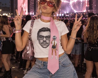 Harry Concert Tie, Respect Your Mother Tie, Pink Star Tie, Y2K Pop Music Concert Outfit, Printed Statement Necktie, HS Kiss Disco Tour Tie