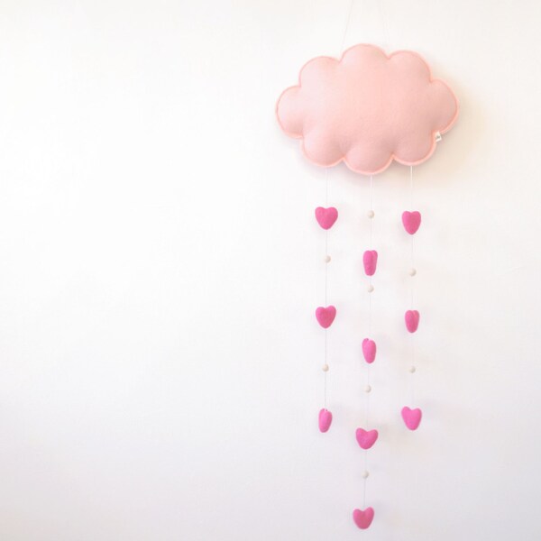 Felt Cloud Baby Mobile, Wall Hanging, Window Hanging, Pink Cloud, Pink Hearts, Cloud Mobile