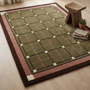 Handmade Olive Green Wool Rug | Geometric Grid Pattern | Dusty Rose Border | Custom Size | Hand Tufted Area Rug | Boho Living Room Decor
