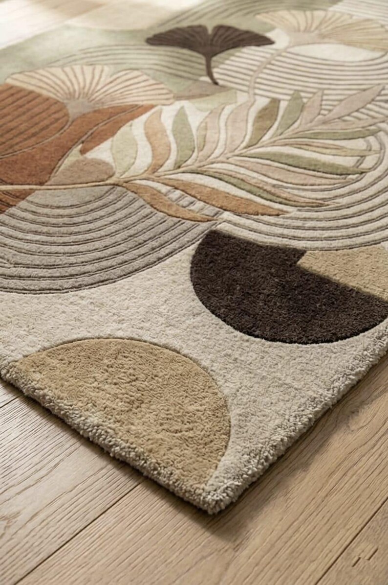 Hand Tufted Botanical Rug, Abstract Leaf Area Rug, Neutral Earth Tone ...