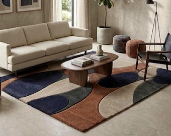 Handgemaakt abstract wollen vloerkleed, modern handgetuft beige blauw terracotta tapijt, eigentijds tapijt woonkamer