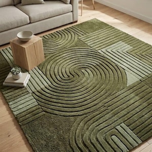 Moss Green Geometric Rug Hand Tufted Wool Rug 3D Embossed Area Rug for Living Room Modern Abstract Rug Olive Green Custom Rug Textured Rug