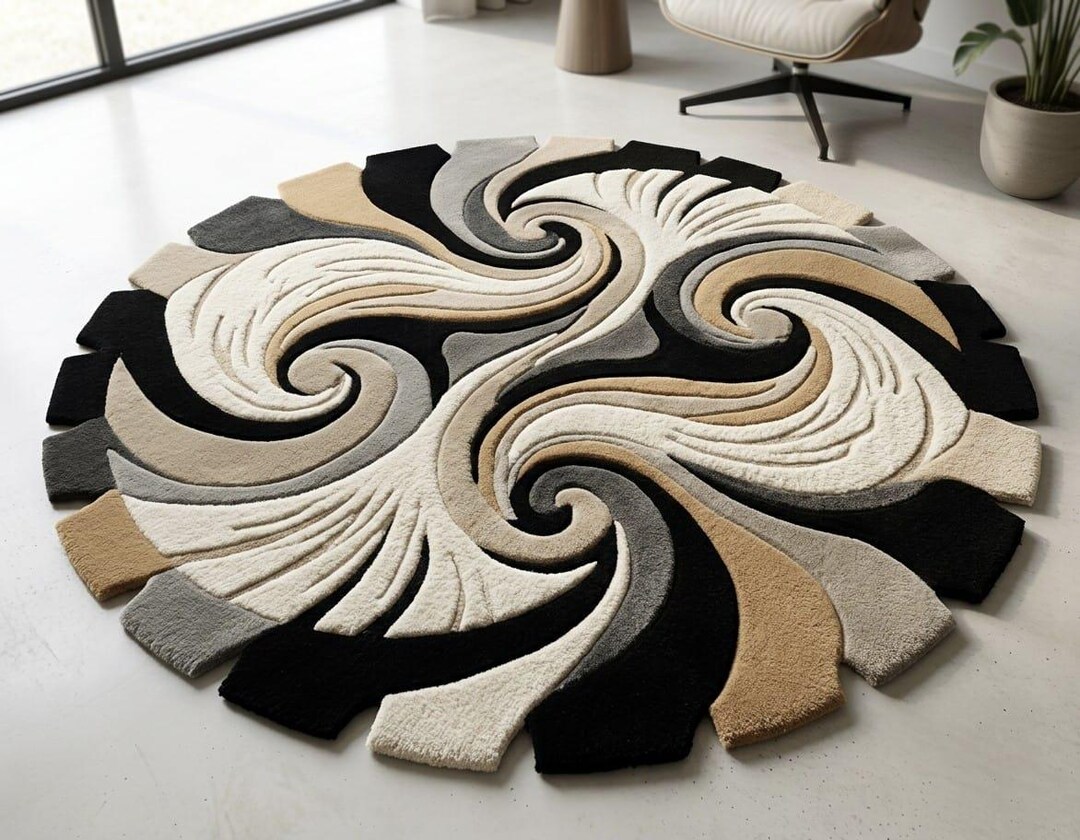 3D Swirl Round Rug Hand Tufted Wool Rug Abstract Spiral Area Rug for ...