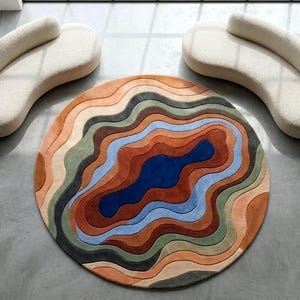 Tappeto rotondo ondulato astratto / Tappeto trapuntato topografico terracotta, salvia, blu (misto cotone e lana)
