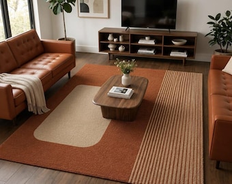 Handgefertigter Moderner Abstrakter Teppich, Handgetufteter Wollteppich, Terrakotta Beigefarbener Geometrischer Teppich, Minimalistischer Teppich für Wohnzimmer