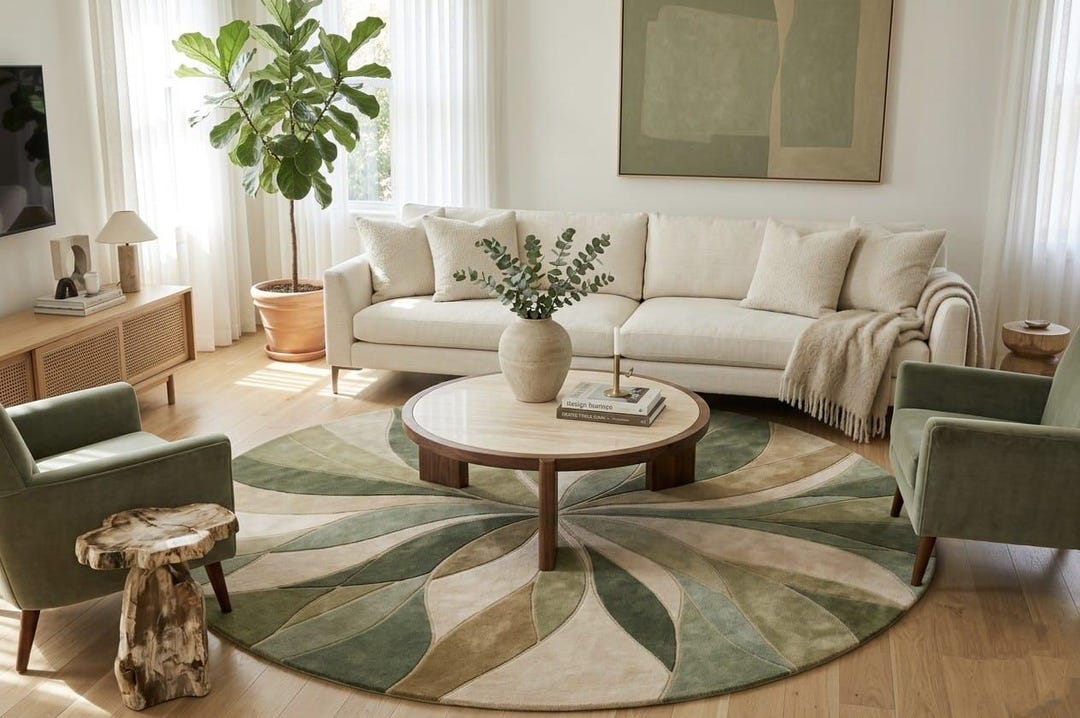 Round Floral Leaf Rug Sage Green Wool Rug Hand Tufted Area Rug for ...