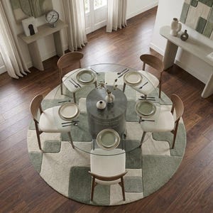 Round Hand Tufted Geometric Block Rug | Sage Green Ivory Abstract Square Area Rug | Handmade Wool Living Room Rug Custom Size