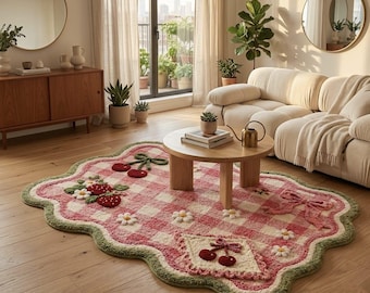 Handgemachter Teppich aus Gingham, Kirschrot, Rosa kariert, getuftet, Erdbeer Cottagecore Dekor, Teppich mit Ausgebogten, niedlicher Blumenteppich