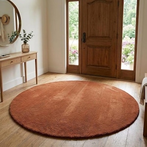 May include: A large, circular, solid rust-orange area rug with a short, dense pile texture. The rug is positioned centrally on a light-toned wooden floor in an entryway, featuring a smooth, uniform surface that covers a significant portion of the floor.