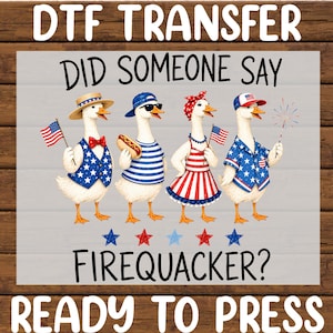 May include: DTF Transfer design featuring four geese dressed in patriotic attire. The geese are holding American flags, a hot dog, and a sparkler. Text reads "DID SOMEONE SAY FIREQUACKER? READY TO PRESS."