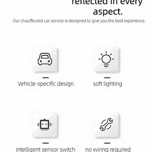 May include: A white graphic display featuring the text Quality details are reflected in every aspect. Our chauffeured car service is designed to give you the best experience. Four icons represent vehicle-specific design, soft lighting, intelligent sensor switch, and no wiring required for installation.