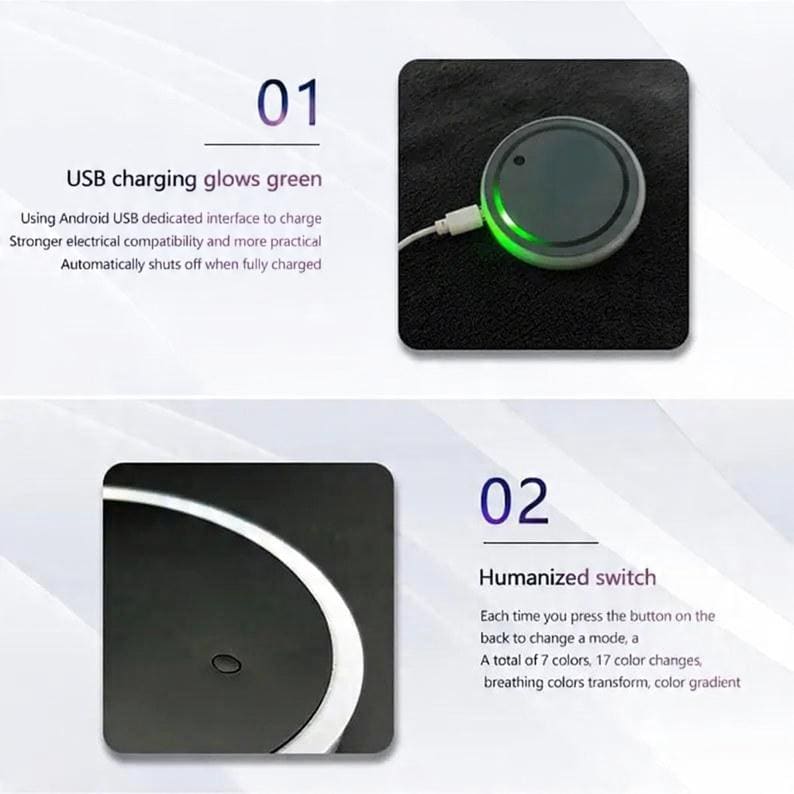 May include: A circular device with a USB charging port that glows green when charging. The device features a switch on the back that cycles through 7 colors and 17 color modes, including breathing and gradient effects for customizable lighting.