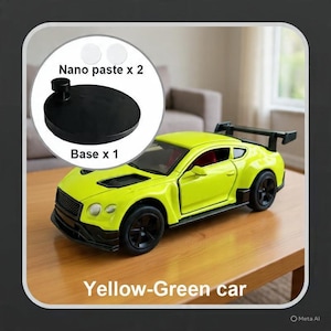 May include: A yellow-green toy car with black wheels and a rear spoiler sits on a wooden table. The image also shows a black base and two nano paste circles. The text "Yellow-Green car" is at the bottom.