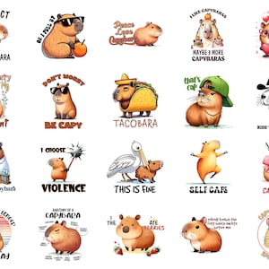 May include: A collection of colorful capybara illustrations with various phrases. Each capybara is depicted in different poses and outfits, with text like "Respect the Capybara" and "Be Mine".