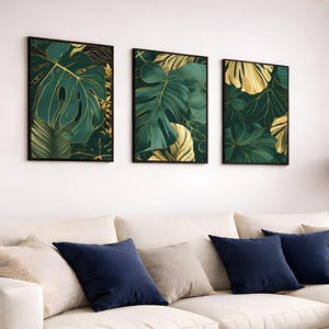 Smaragdgrön botanisk väggkonst set med 3 tryck, lyxig triptyk med bladguld för modern vardagsrumsinredning, utskrivbar konstverk, digital nedladdning