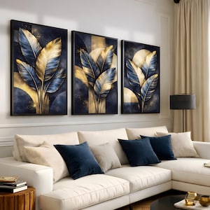 Navy Blue Gold Leaf Wall Art Set of 3 Prints Moody Botanical Triptych Above Couch Statement for Modern Interior Large Printable Wall Artwork