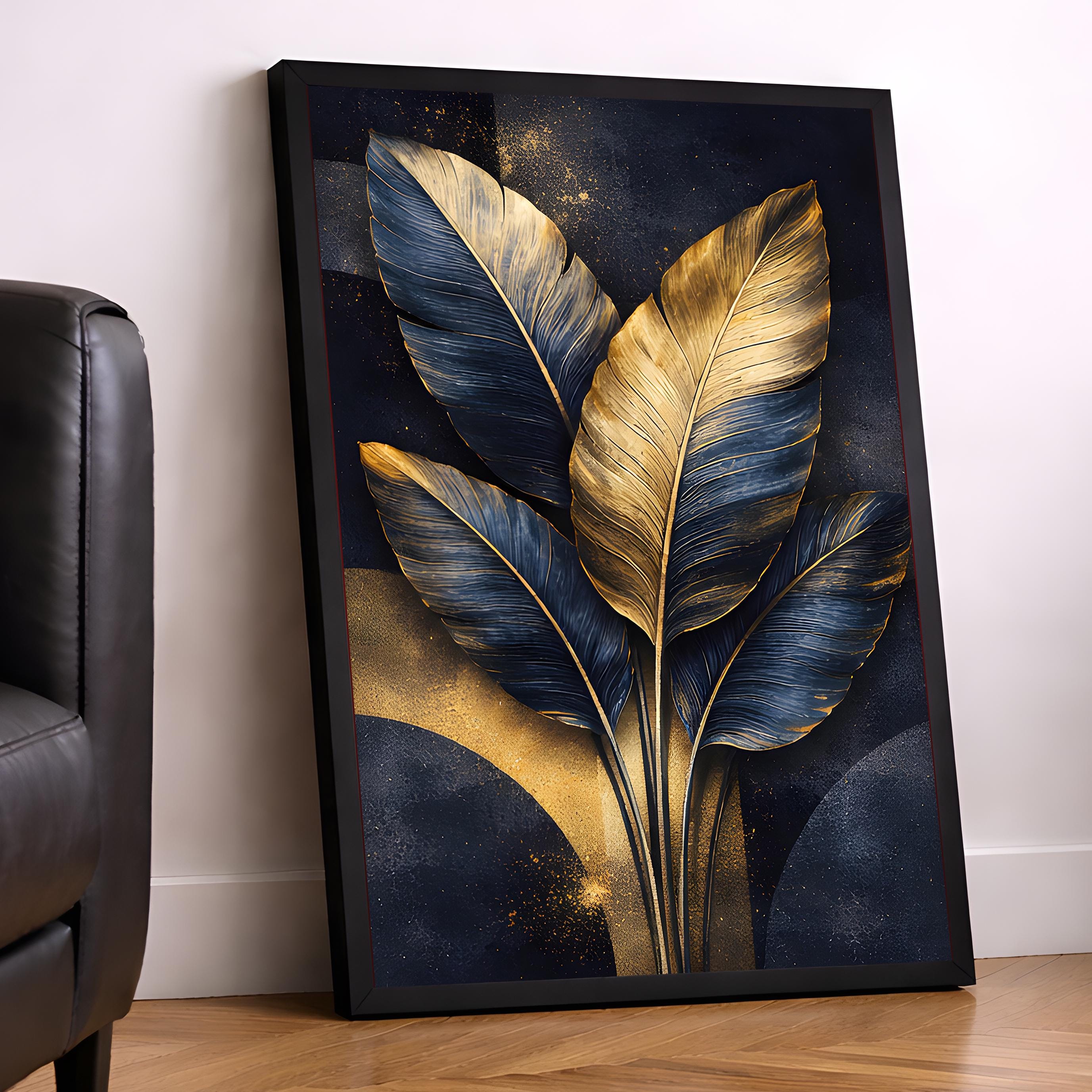 Navy Blue Gold Leaf Wall Art Set of 3 Prints Moody Botanical Triptych ...