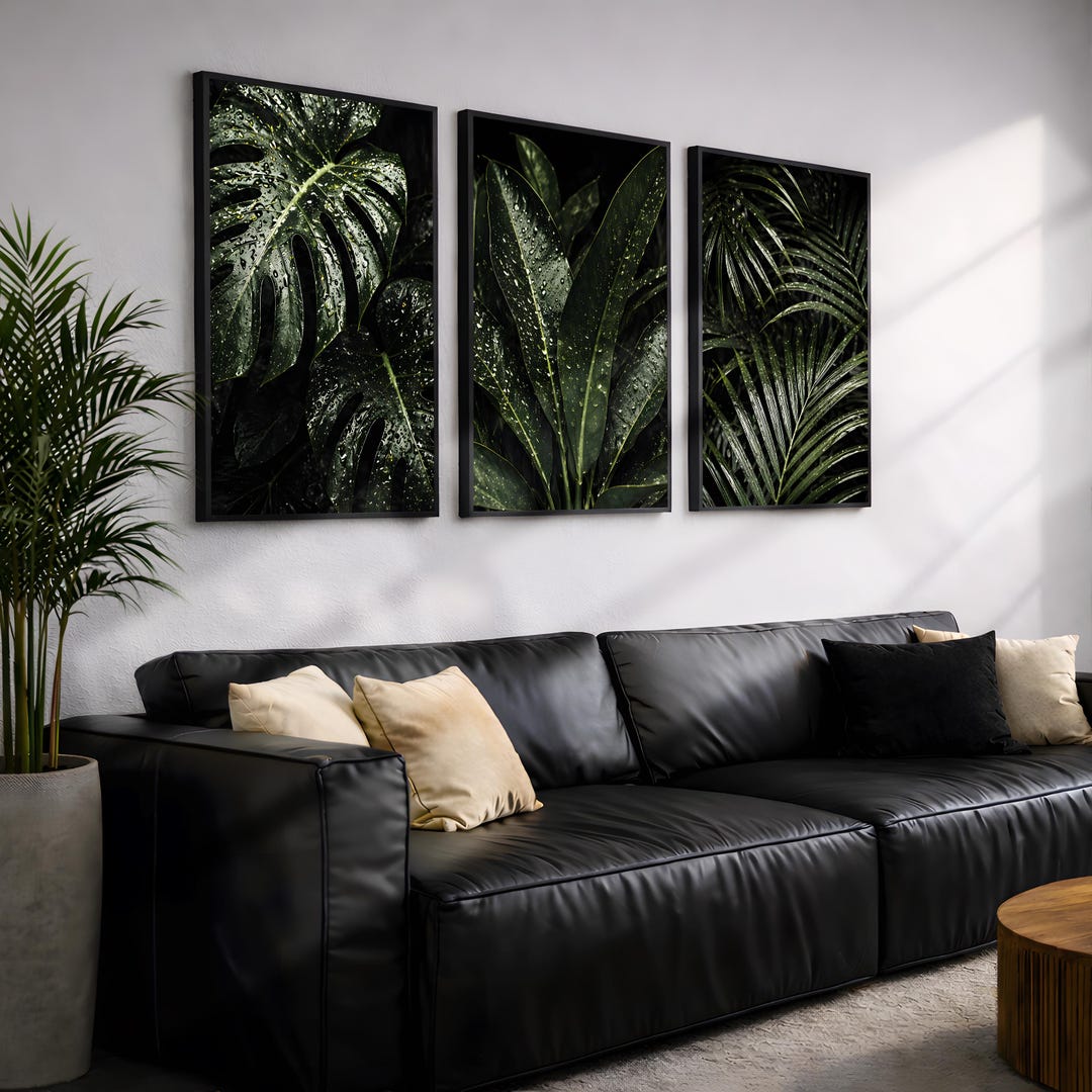 Monstera Wall Art Set of 3, Tropical Leaf Prints, Moody Jungle Decor ...