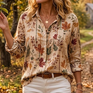 Jordnära höstblus, rustik höstblus med knappar, vintagelövskjorta, Naturecore-kläder, Thanksgiving-topp, botanisk höstblus för lärare