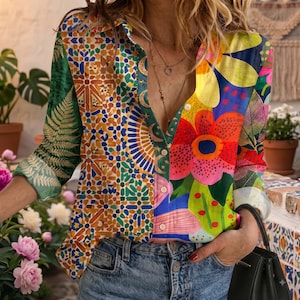 May include: A long-sleeve button-down shirt featuring a split-panel design. The left side displays a green fern pattern and a geometric mosaic print in orange, blue, and white. The right side features large, vibrant floral motifs in red, yellow, and blue.