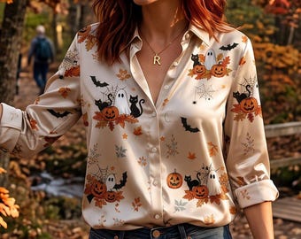Cute Spooky Halloween Blouse, Ghost Pumpkin Top, Teacher October Outfit, Black Cat Button Down, Fall Festive Shirt, Chic Spooky Clothes