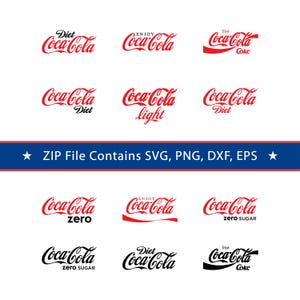 May include: A collection of Coca-Cola logos in red and black, including "Diet Coca-Cola", "Coca-Cola Light", and "Coca-Cola Zero". The text "ZIP File Contains SVG, PNG, DXF, EPS" is also present.