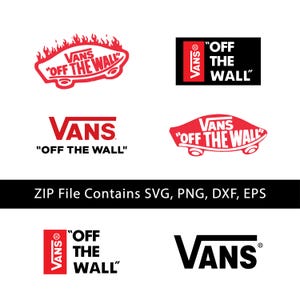 Pode incluir: Uma coleção de logotipos da Vans em vermelho e preto. Os logotipos incluem a marca nominativa Vans, a frase "Off The Wall" e um gráfico de um sapato. A imagem também inclui o texto "ZIP File Contains SVG, PNG, DXF, EPS".