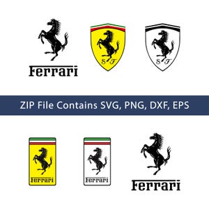 Może przedstawiać: Kolekcja logo Ferrari w różnych wzorach. Logo przedstawiają czarnego, wspinającego się konia na żółtym, białym i czarnym tle. Słowo "Ferrari" jest wyświetlane pod niektórymi logo. Obraz zawiera również tekst "ZIP File Contains SVG, PNG, DXF, EPS."