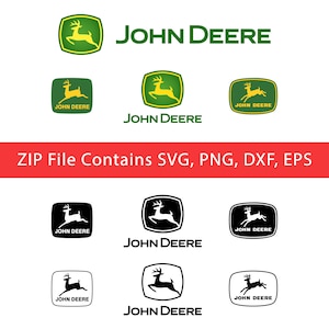 May include: Various John Deere logos in green and yellow, and black and white, featuring a leaping deer emblem. The logos are set against a white background. A red banner displays the text "ZIP File Contains SVG, PNG, DXX, EPS".