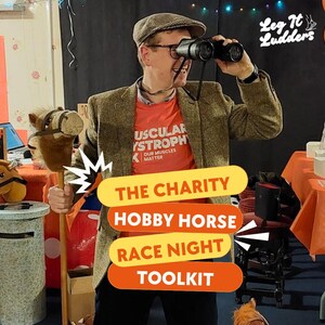 May include: A man wearing glasses, a tweed jacket, and a cap, holding binoculars and a hobby horse. The image includes text that reads "The Charity Hobby Horse Race Night Toolkit" and "Leg It Ludders". The man is wearing an orange shirt with text.