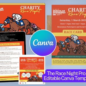 May include: A pack of editable Canva templates for a charity race night, including flyers, race cards, and social media graphics. The design features horse racing illustrations and the text "Charity Race Night".