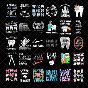 Puede incluir: Una colección de diseños con temática dental sobre un fondo negro. Los diseños presentan texto y gráficos relacionados con la odontología, incluyendo ilustraciones de dientes, herramientas dentales y frases humorísticas como "Just Floss" y "Future Dentist".