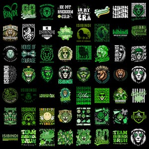 May include: A collection of graphic designs on a black background featuring lions, the text Isibindi, House of Courage, and various patterns including checkerboards, rainbows, and sports-themed elements in shades of green, white, and black.