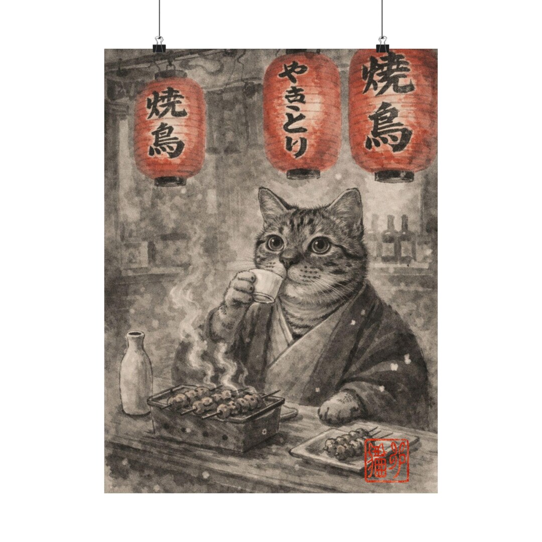 Neo Sumi-e Japanese Cat Wall Art Funny Cat Drinking Sake in Kimono ...