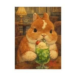 May include: A watercolor illustration of a fluffy brown rabbit with a white forehead patch sitting at a table. The rabbit holds a glass filled with a green beverage, a scoop of white ice cream, and a red cherry, sipping through a striped straw.