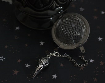 silver raven skull tea ball loose leaf infuser strainer, for the goth who also loves tea.