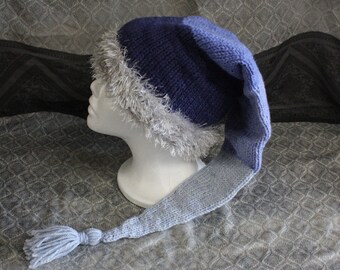 blue gradient wizard pixie sock hat with grey fluffy brim